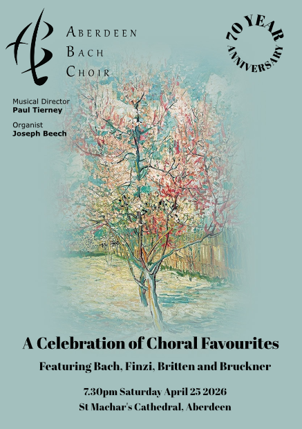 Poster showing Van Gogh cherry tree, highlighted composers, date, time and venue